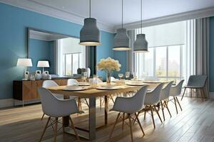 stock photo of modern wood blue dining room ultra AI Generated