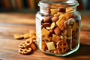 snack mix ratio in The kitchen table Food Photography AI Generated photo