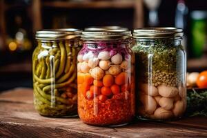 canned vegetables in The kitchen table Food Photography AI Generated photo