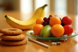 caloría meriendas en el cocina mesa comida fotografía ai generado foto