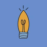 Cute cartoon hand drawn light bulb of the lamp. Business idea, successful brainstorm, creating ideas for the projects, brilliant thoughts in the mind. Vector illustration isolated on the background.