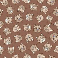 Cute seamless pattern with funny and cute cat faces close up. Vector doodle kitty with hand drawn outline. Home pet backdrop can be used for wrapping paper, bedclothes, notebook, packages