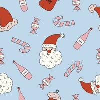 Christmas and New year seamless pattern with Santa Claus face close up, candy cane, bottle of champagne. Hand drawn vector illustrations on blue background. For wrapping paper, textile, notebook.