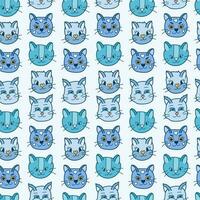 Cute seamless pattern with funny and cute cat faces close up. Vector doodle kitty with hand drawn outline. Home pet backdrop can be used for wrapping paper, bedclothes, notebook, packages