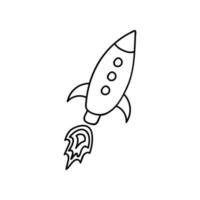 Cute and funny space rocket with the fire that start to fly in hand drawn style. Vector doodle illustration isolated on the background. Start and launch of business projects, processes.