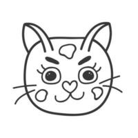 Funny and cute cat face close up. Vector doodle with hand drawn outline isolated on white background. Home pet illustration for stickers, planners, scrap elements, social media