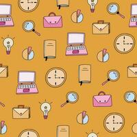 Cute and colorful vector seamless hand drawn pattern with laptop, magnifier, briefcase, lamp, clock. Can be used for, wrapping paper, bedclothes, notebook, packages, gift paper.