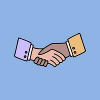 Cute hand drawn icon of handshake of two people in suits, agreement between colleges, business partners, greeting of friends. Vector clipart illustration isolated on the background with outline.