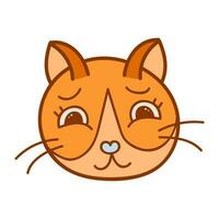 Funny, colorful and cute cat face close up. Vector doodle with hand drawn outline isolated on white background. Home pet illustration for stickers, planners, scrap elements, social media