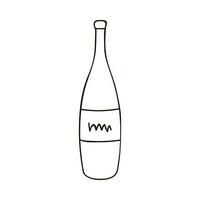 Hand drawn sparkling wine bottle with label. Holiday champagne for stickers, planners, scrap elements, social media. Vector illustration with hand drawn outline isolated on background.