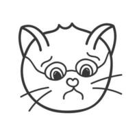 Funny and cute cat face close up. Vector doodle with hand drawn outline isolated on white background. Home pet illustration for stickers, planners, scrap elements, social media