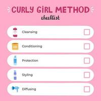 Curly girl method checklist about care of curly hair with cute hand drawn vector illustrations. Right care sequence for beautiful and healthy curls. Checklist is perfect for planners, notebooks.