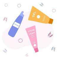 Set with cosmetic products for Curly Girl Method. Beauty bottles for styling kinky, frizz hair. Right cosmetics for healthy treatment of curly, wave hair. Cute and bright clipart. Hand drawn vector. vector