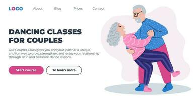 Web page design template for dancing courses. Retired senior couple dancing together. Grandpa does dance support, grandma arches back. Illustration concept for websites, landing pages, mobile apps. vector