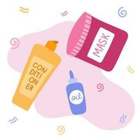 Set with cosmetic products for Curly Girl Method. Beauty bottles for cleansing, conditioning, styling kinky, frizz hair. Right cosmetics for healthy curly, wave hair. Cute clipart. Hand drawn vector. vector