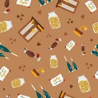 Cozy and hygge vector seamless hand drawn pattern with hygge autumn clip arts of seasonal clothes, food and drinks, decor. Can be used for, wrapping paper, bedclothes, notebook, packages, gift paper.