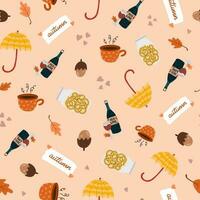 Cozy and hygge vector seamless hand drawn pattern with hygge autumn clip arts of seasonal clothes, food and drinks, decor. Can be used for, wrapping paper, bedclothes, notebook, packages, gift paper.