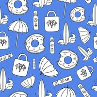 Cute and colorful vector seamless hand drawn pattern with doodles about vacation at the sea, ocean. Can be used at the posters, wrapping paper, for fabric, bedclothes, notebook, packages, gift paper