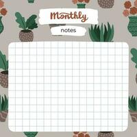 Cozy scrapbook template of monthly notes for planner with blank to do with illustrations about home interior in boho style. With printable, editable illustrations. For school, university schedule. vector