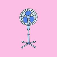 Cute and funny vector hand drawn clipart of fan with a cool air, for the hot climate and temperature. Simple colorful hand drawn doodle isolated on the background.