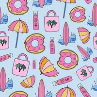 Cute and colorful vector seamless hand drawn pattern with doodles about vacation at the sea, ocean. Can be used at the posters, wrapping paper, for fabric, bedclothes, notebook, packages, gift paper