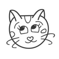 Funny and cute cat face close up. Vector doodle with hand drawn outline isolated on white background. Home pet illustration for stickers, planners, scrap elements, social media