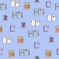 Cute and colorful vector seamless hand drawn pattern with notebooks with notes, shelf of books, calculator. Can be used for, wrapping paper, bedclothes, notebook, packages, gift paper.