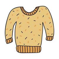 Cute and funny hand drawn knitted sweater for a cold weather with trendy decor in yellow colors. Vector illustration with hand drawn outline isolated on background. Stylized christmas symbol.