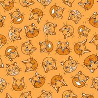 Cute seamless pattern with funny and cute cat faces close up. Vector doodle kitty with hand drawn outline. Home pet backdrop can be used for wrapping paper, bedclothes, notebook, packages