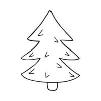 Cute Christmas tree in with stylized needles. Hygge holiday tree for stickers, planners, scrap elements, social media. Vector illustration with hand drawn doodle outline isolated on background.