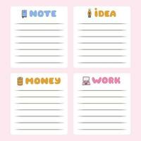 Cute scrapbook templates for planner, notepad, online diary. Notes, to do, to buy and other. Can be used for writing notes, ideas, work and home plans, keeping track of the budget. Printable vector