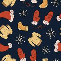 Christmas and New year seamless pattern with Santa Claus red hat, cozy sweater, snowflake, mittens with a fur, knitted sock. Cute hand drawn vector illustrations with outline on dark background.