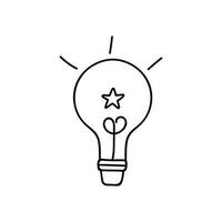 Cute doodle hand drawn light bulb of the lamp. Business idea, successful brainstorm, creating ideas for the projects, brilliant thoughts in the mind. Vector illustration isolated on the background.