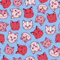 Cute seamless pattern with funny and cute cat faces close up. Vector doodle kitty with hand drawn outline. Home pet backdrop can be used for wrapping paper, bedclothes, notebook, packages