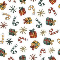 Christmas, New year seamless pattern with gift box with a bow, candy cane, snowflake. Cute hand drawn vector illustrations on the beige background. For wrapping paper, bedclothes, notebook, packages.