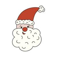 Christmas vector smiling Santa Claus in the hat with a fur, big curly beard. Face close up. Christmas sign, cozy clipart. Cute illustration with hand drawn doodle outline isolated on background.