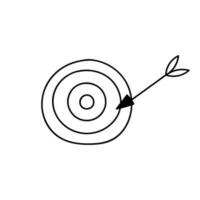 Cute hand drawn target with arrow on the edge in doodle style. Explaining business processes, achievements of goals, plans, tasks. Vector illustration isolated on background.