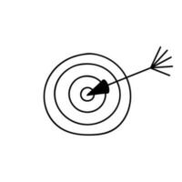 Cute hand drawn target with arrow in the center in doodle style. Explaining business processes, achievements of goals, plans, tasks. Vector illustration isolated on background.