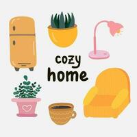 Set with hand drawn clipart of cozy home. Beautiful flat retro vector illustration. Scandinavian room interior decoration. Cozy apartment with armchair, home plants, computer, book, candle, mugs, tea