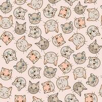 Cute seamless pattern with funny and cute cat faces close up. Vector doodle kitty with hand drawn outline. Home pet backdrop can be used for wrapping paper, bedclothes, notebook, packages