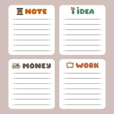 Cozy scrapbook templates for planner. Notes, to do, to buy, to read with illustrations about home interior in boho style. With printable, editable illustrations. For school, university schedule