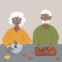 Old retired black afro american couple cook together a vegetable salad on the table vector