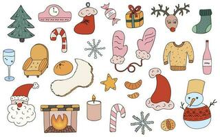 Big set of Christmas and New Year hand drawn elements. Vector illustrations. Cute christmas and winter signs and characters. Cliparts with outline isolated. For craft, fabric, sticker, scrap element.