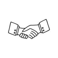 Cute hand drawn icon of handshake of two people in suits, agreement between colleges, business partners, greeting of friends. Vector clipart illustration isolated on the background with outline.