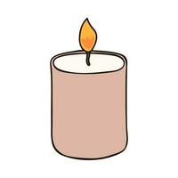 Hand drawn holiday candle with a flame in beige colors. Cozy clipart. Vector illustration with hand drawn outline isolated on background. Can be used for paper craft, fabric, sticker, scrap element.