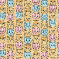 Cute seamless pattern with funny and cute cat faces close up. Vector doodle kitty with hand drawn outline. Home pet backdrop can be used for wrapping paper, bedclothes, notebook, packages