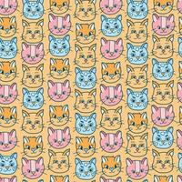 Cute seamless pattern with funny and cute cat faces close up. Vector doodle kitty with hand drawn outline. Home pet backdrop can be used for wrapping paper, bedclothes, notebook, packages