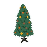 Cartoon christmas tree on christmas tree stand decorated with toys and balls. Furniture for living room interior in boho style. Hand drawn vector illustration in warm colors. Cozy domestic apartment.