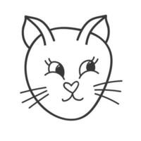 Funny and cute cat face close up. Vector doodle with hand drawn outline isolated on white background. Home pet illustration for stickers, planners, scrap elements, social media