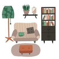 vivo habitación interior en boho estilo. salón con sofá, estantería, alfombra, piso lámpara, estante, otomano. dibujos animados mano dibujado ilustración. retro hogar dentro con mueble. acogedor Doméstico departamento. vector